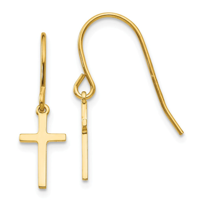 Million Charms 14k Yellow Gold Dangle Cross Shepherd Hook Earrings, 24mm x 7mm