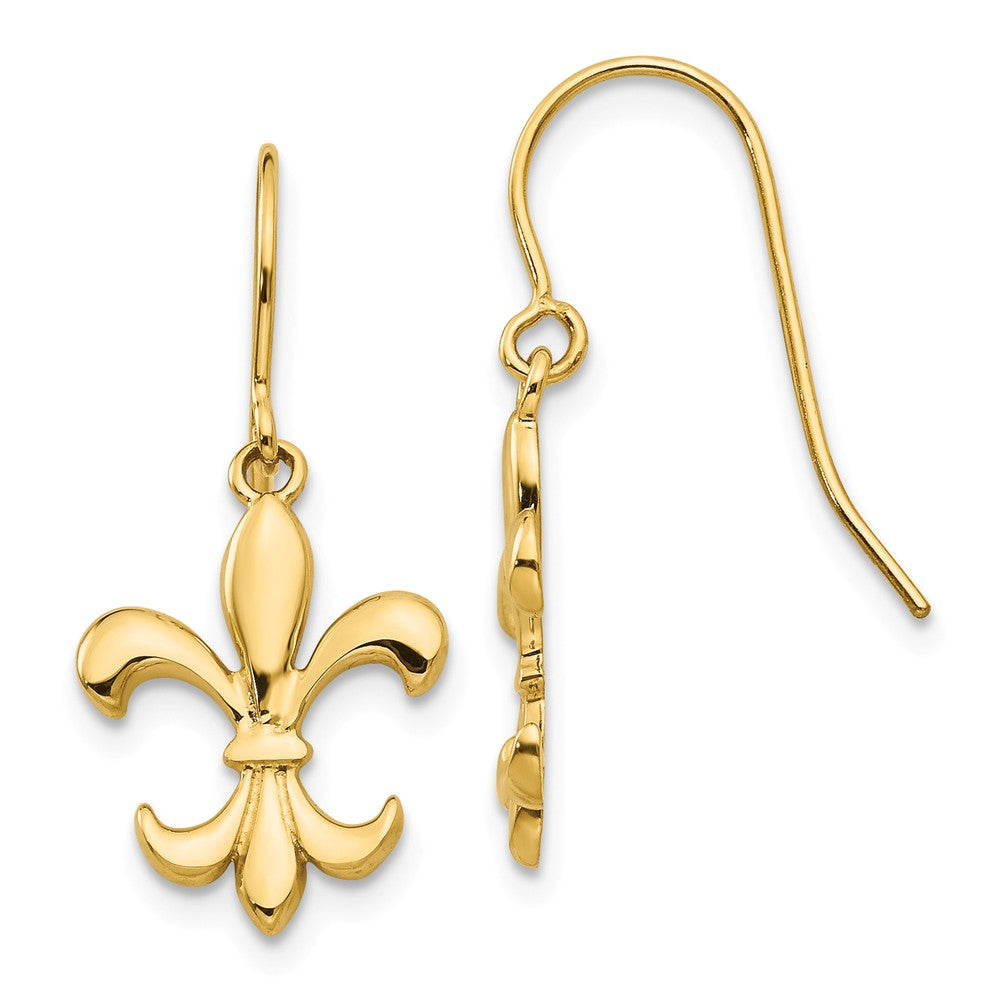 Million Charms 14k Yellow Gold Polished Fleur de lis Dangle Earrings, 26mm x 11mm