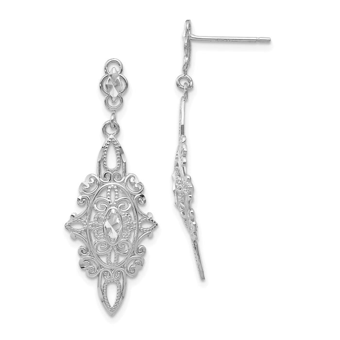 Million Charms 14k White Gold Diamond-cut Filigree Dangle Earrings, 36mm x 13mm