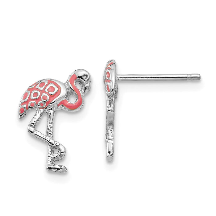 Million Charms 14K White Gold Pink Enameled Flamingo Post Earrings, 13.1mm x 8.8mm