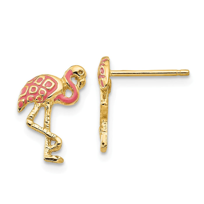 Million Charms 14k Yellow Gold Pink Enameled Flamingo Post Earrings, 13mm x 9mm