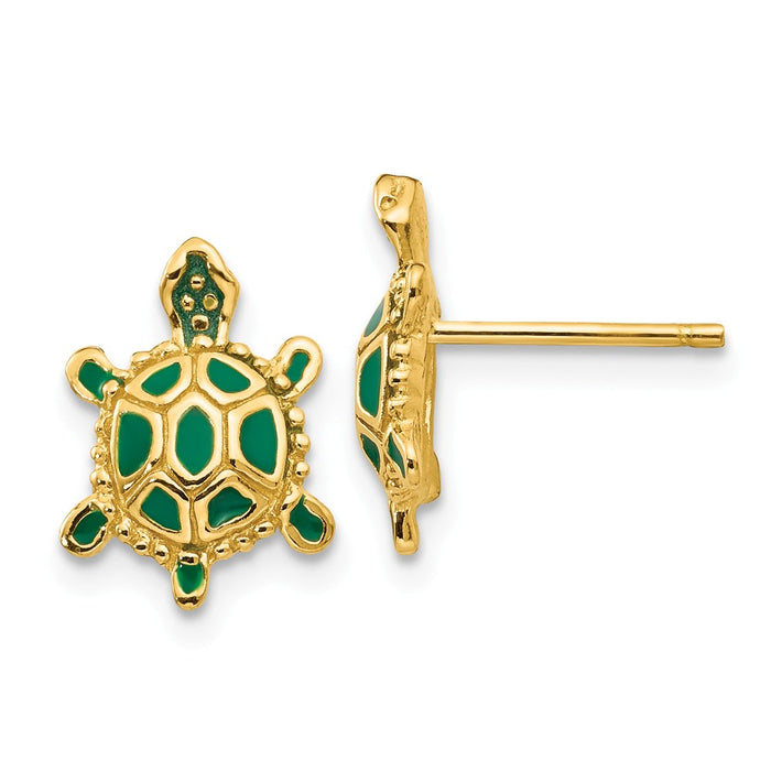 Million Charms 14k Yellow Gold Green Enameled Turtle Post Earrings, 12mm x 9mm