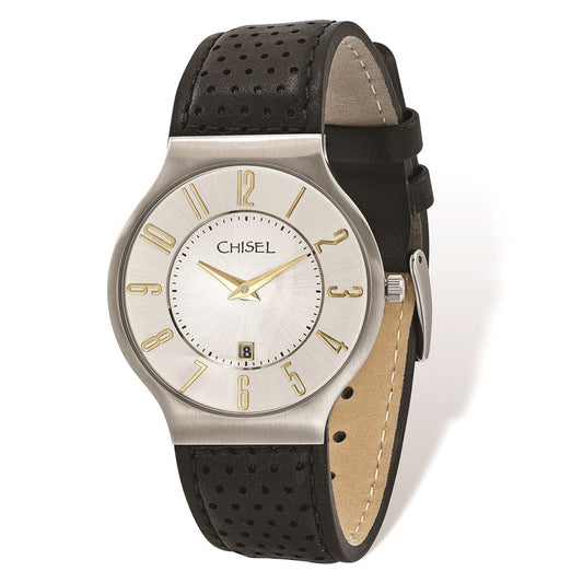 Fashion Watches,  Men's Chisel Stainless Steel White Dial Black Leather Watch