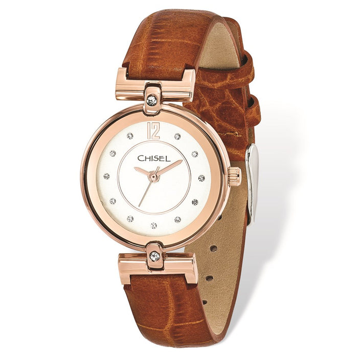 Fashion Watches,  Ladies' Chisel IP Rose-plated White Dial Brown Leather Watch