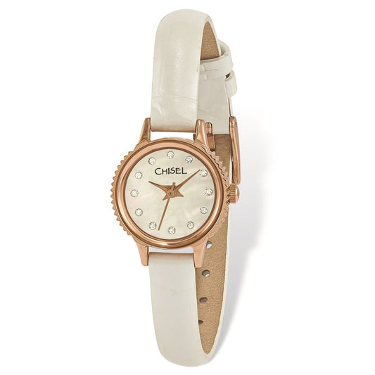 Fashion Watches,  Ladies' Chisel Rose IP-pltd Stainless Steel Wht Lthr Strap Watch