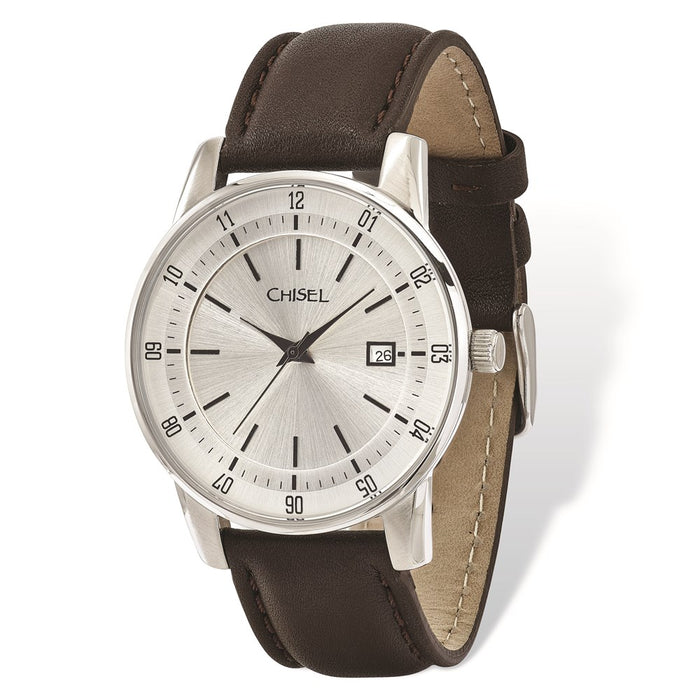 Fashion Watches,  Men's Chisel Stainless Steel Silver Dial Brown Leather Watch