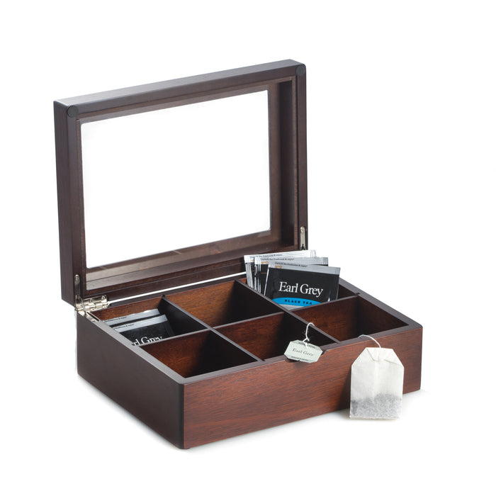 Occasion Gallery Mahogany Color Mahogany Tea Box with Glass See-thru Top. Features six 2.75x3.15 Divided Compartments and Hideaway Hinges. 9.25 L x 7 W x 3.25 H in.