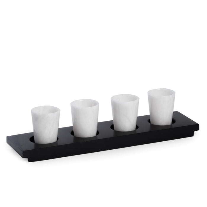 Occasion Gallery BLACK/WHITE Color Hand Crafted 4 White Marble Shot Glasses on Black Marble Serving Tray.  14.25 L x 3.75 W x 4 H in.