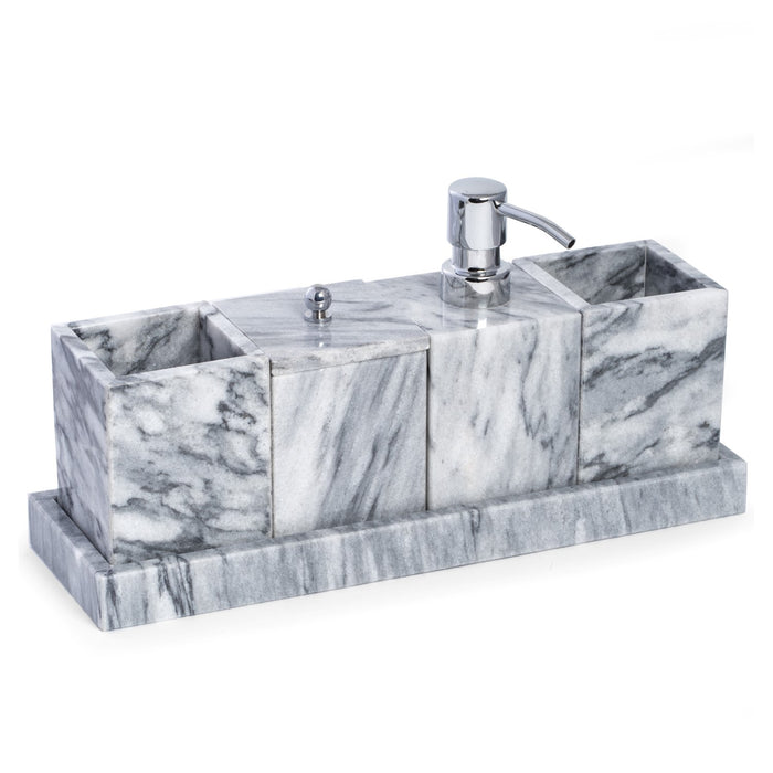 Occasion Gallery GRAY/WHITE Color Vanity 5 Piece Marble Cloud Grey Set with 2 Tumblers, 1 Canister with Lid, 1 Dispenser and 1 Tray. 14.25 L x 3.75 W x 6.75 H in.