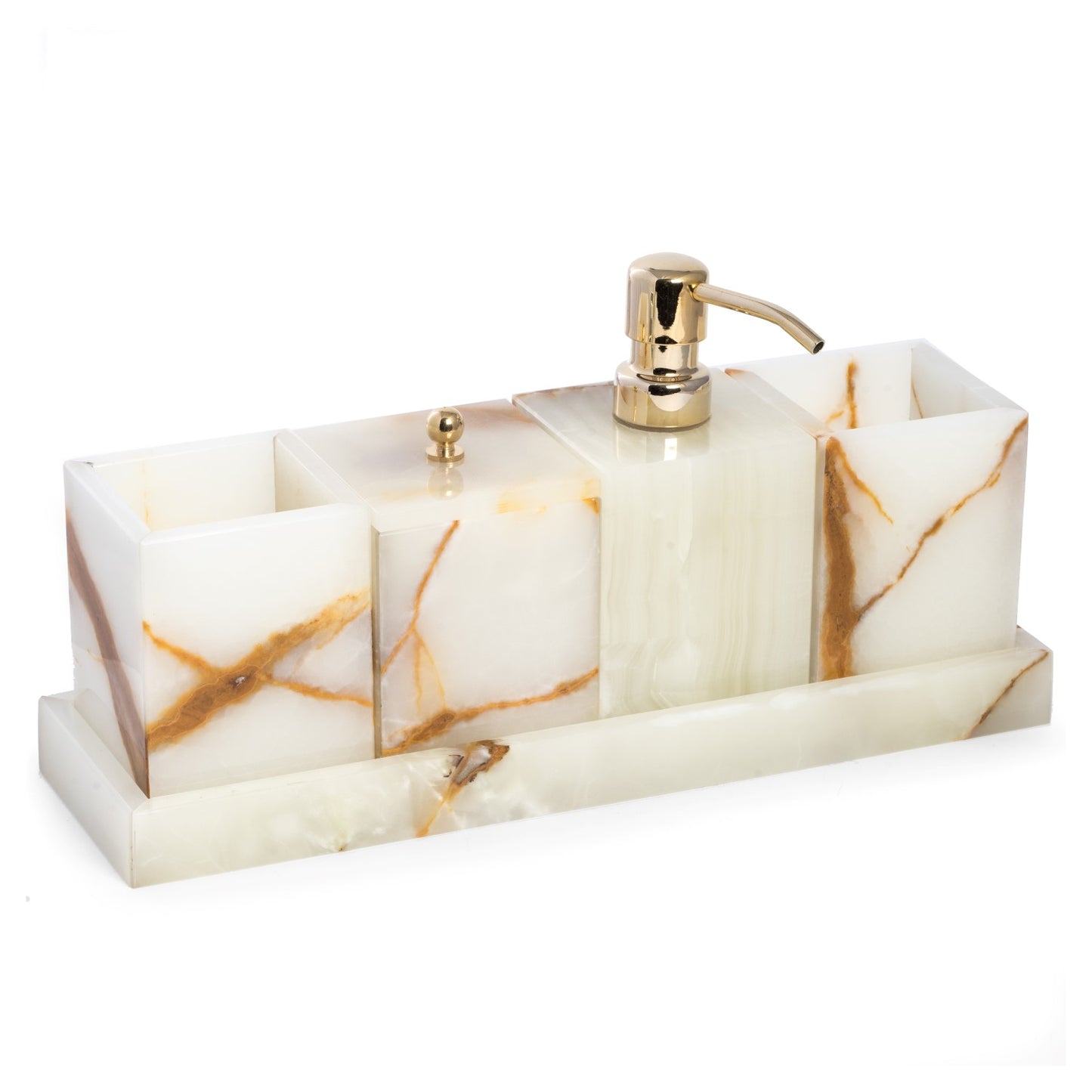 Occasion Gallery WHITE/TAN Color Vanity 5 Piece Marble Green Onyx Set with 2 Tumblers, 1 Canister with Lid, 1 Dispenser and 1 Tray. 14.25 L x 3.75 W x 6.75 H in.
