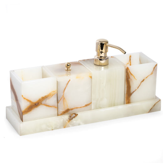 Occasion Gallery WHITE/TAN Color Vanity 5 Piece Marble Green Onyx Set with 2 Tumblers, 1 Canister with Lid, 1 Dispenser and 1 Tray. 14.25 L x 3.75 W x 6.75 H in.
