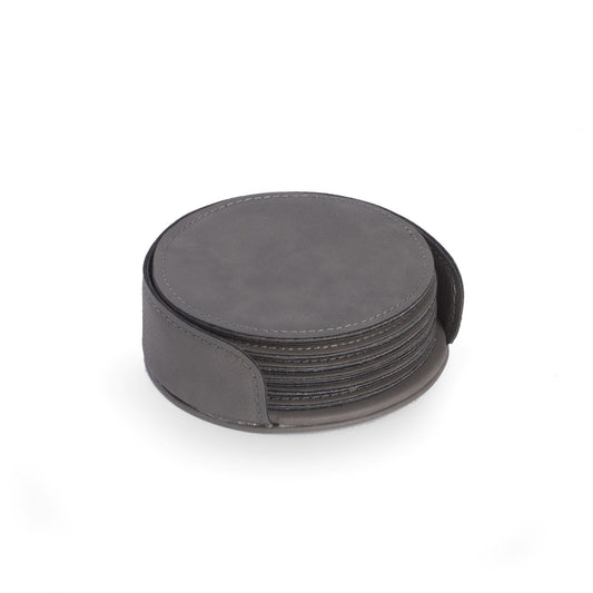 Occasion Gallery GRAY Color 6 Coaster Set with Holder in Vintage Grey Leatherette 4.25 L x  W x 1.25 H in.