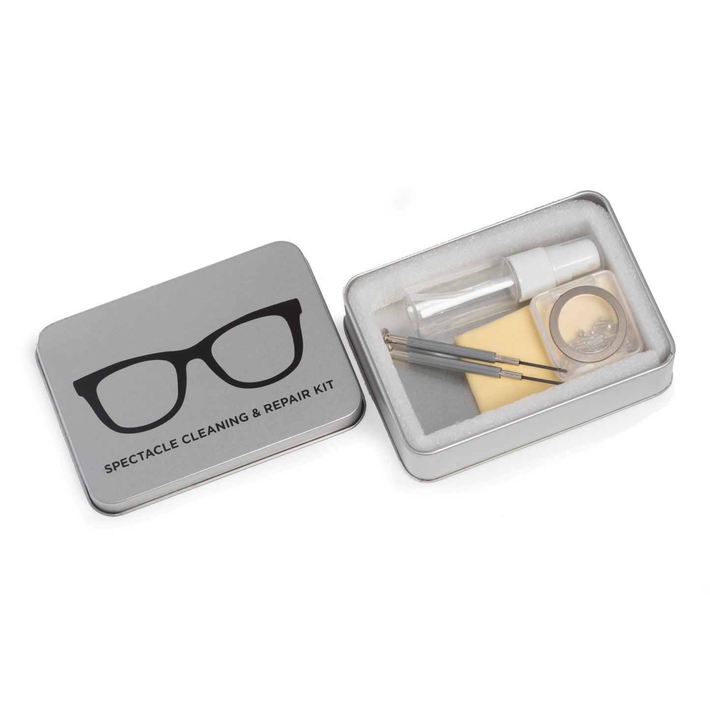 Occasion Gallery SILVER Color Eye Glass Cleaning & Repair Kit in Metal Case, Includes Cleaning liquid, Micro-Fiber Cleaning Cloth, 60 Piece Screw Set (3mm, 4mm and 5mm),  1 Phillips and 1 Flat Head Jewelers Screwdriver.  3.5 L x  W x 1.25 H in.