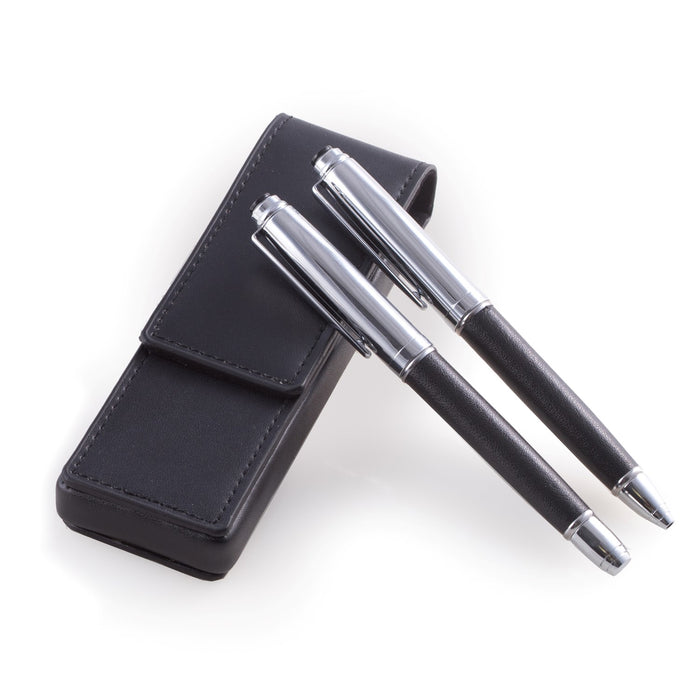 Occasion Gallery Black/Silver Color Nickel Plated Rollerball and Ballpoint Pens with Black Leather Wrap and Carrying Case with Magnetic Closure. 5.85 L x 1.85 W x 1 H in.