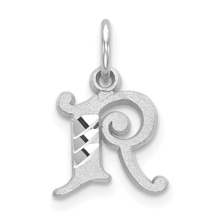 Million Charms 14K White Gold Themed Diamond-Cut Alphabet Letter Initial R Charm