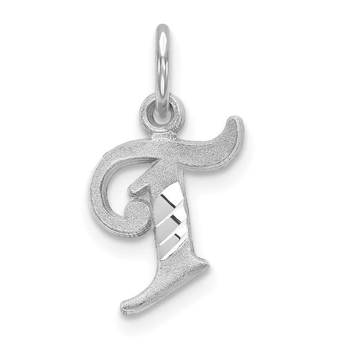 Million Charms 14K White Gold Themed Diamond-Cut Alphabet Letter Initial T Charm