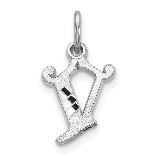 Million Charms 14K White Gold Themed Diamond-Cut Alphabet Letter Initial V Charm