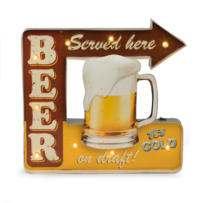 Occasion Gallery RED/YELLOW/BROWN Color "Beer Served Here" Metal Sign, LED Lighted, Wall Mountable.  16 L x 2 W x 15.5 H in.
