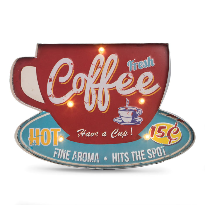 Occasion Gallery RED/BLUE/YELLOW/WHITE Color "Coffee" Metal Sign, LED Lighted, Wall Mountable.  16 L x 2 W x 11 H in.