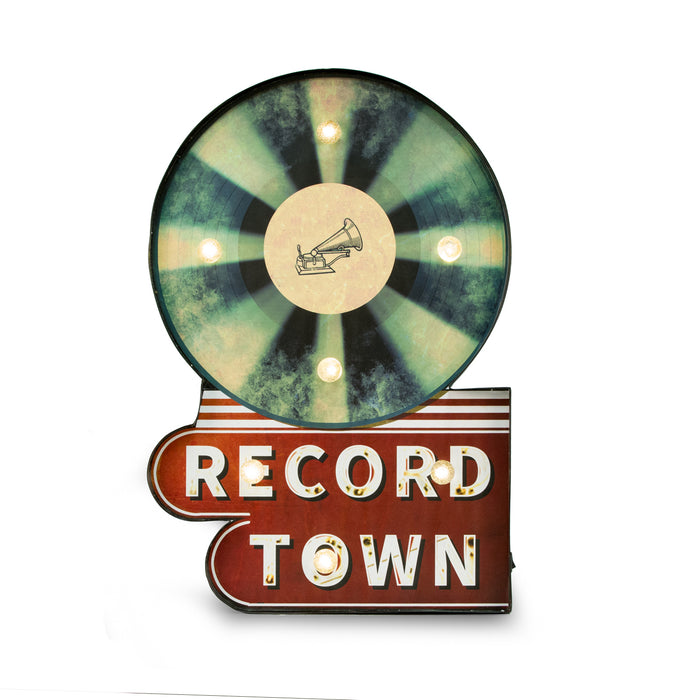 Occasion Gallery Black/Red/Green/White Color Record Town Sign, LED Lighted, Wall Mountable. 14 L x 2 W x 21 H in.