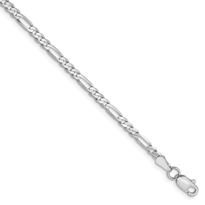 Million Charms 14k White Gold 2.75mm Flat Figaro Chain Anklet, Chain Length: 10 inches
