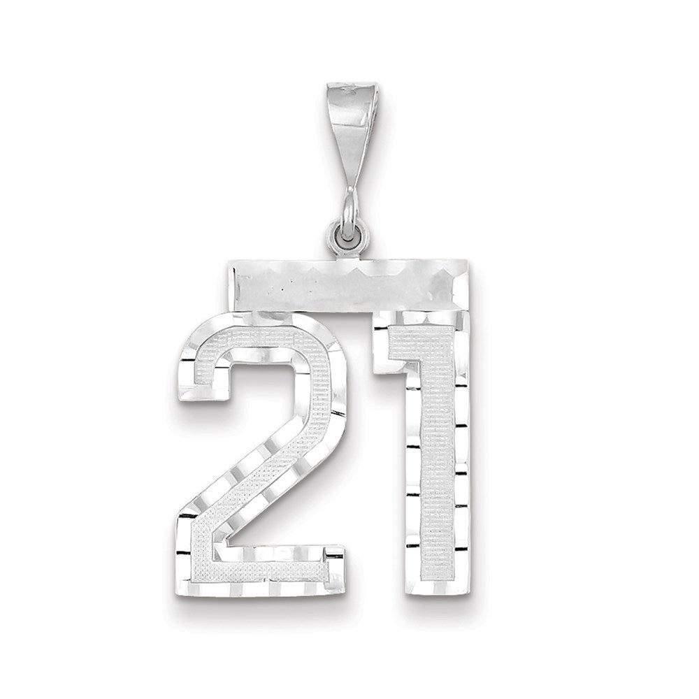 Million Charms 14K White Gold  Large Brushed Diamond-cut Number 21 Necklace Charm Pendant, Graduation, Birthday, Anniversary