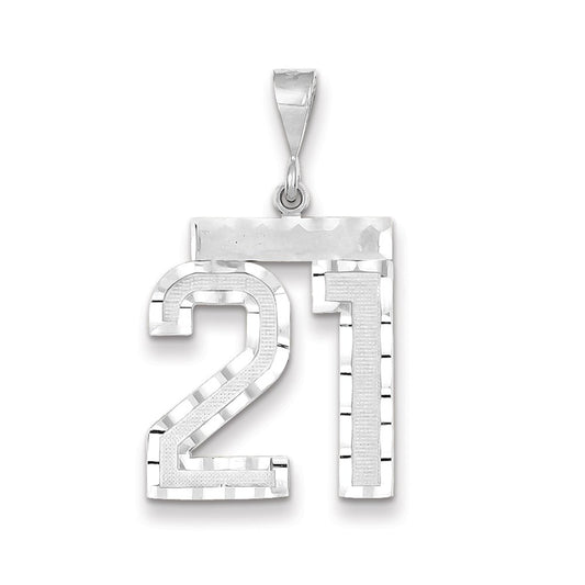 Dije colgante Million Charms de oro blanco de 14 quilates con el número 21, grande, acabado cepillado y corte diamante, para graduación, cumpleaños, aniversario