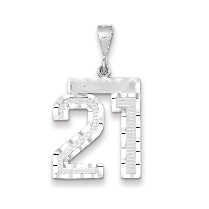 Million Charms 14K White Gold  Large Brushed Diamond-cut Number 21 Necklace Charm Pendant, Graduation, Birthday, Anniversary
