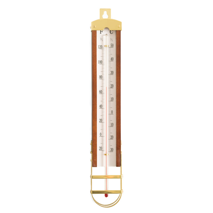 Occasion Gallery Teak Color Teak Wood Finished Wall Mount Thermometer with Brass Accents. Reads Both in Celsius and Fahrenheit. 1 L x 2 W x 13.5 H in.