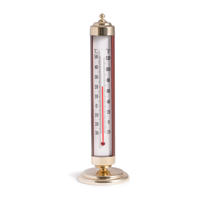 Occasion Gallery Teak Color Teak Wood Finished Desktop Thermometer with Brass Accents. Reads Both in Celsius and Fahrenheit. 3.75 L x 3.75 W x 12 H in.