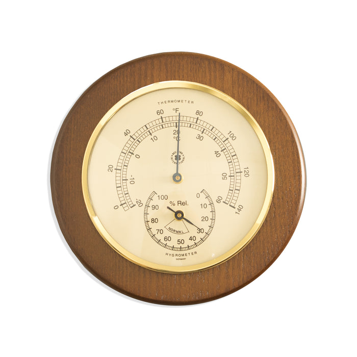 Occasion Gallery Cherry Wood Color Thermometer with Hygrometer on 5" Cherry Wood with Brass Bezel. 5.35 L x 1.75 W x  H in.
