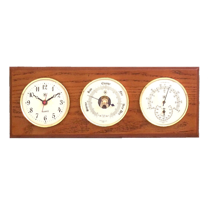 Occasion Gallery Oak Wood Color Quartz Clock, Barometer and Thermometer with Hygrometer on Oak Wood with Brass Bezel. Wall Mounts Vertically or Horizontally. 6 L x 2 W x 16 H in.