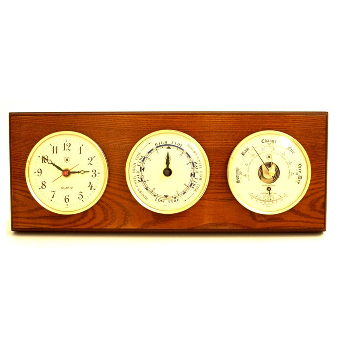 Occasion Gallery Oak Wood Color Quartz Clock, Tide Clock and Barometer with Thermometer on Oak Wood with Brass Bezel. Wall Mounts Vertically or Horizontally. 6 L x 2 W x 16 H in.