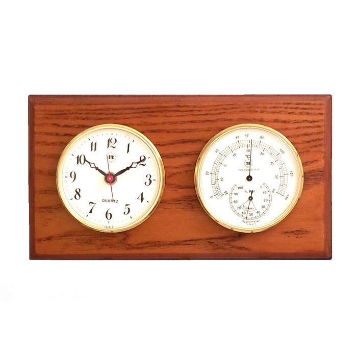 Occasion Gallery Oak Wood Color Quartz Clock and Thermometer with Hygrometer on Oak Wood with Brass Bezel. Wall Mounts Vertically or Horizontally. 6 L x 2 W x 11 H in.