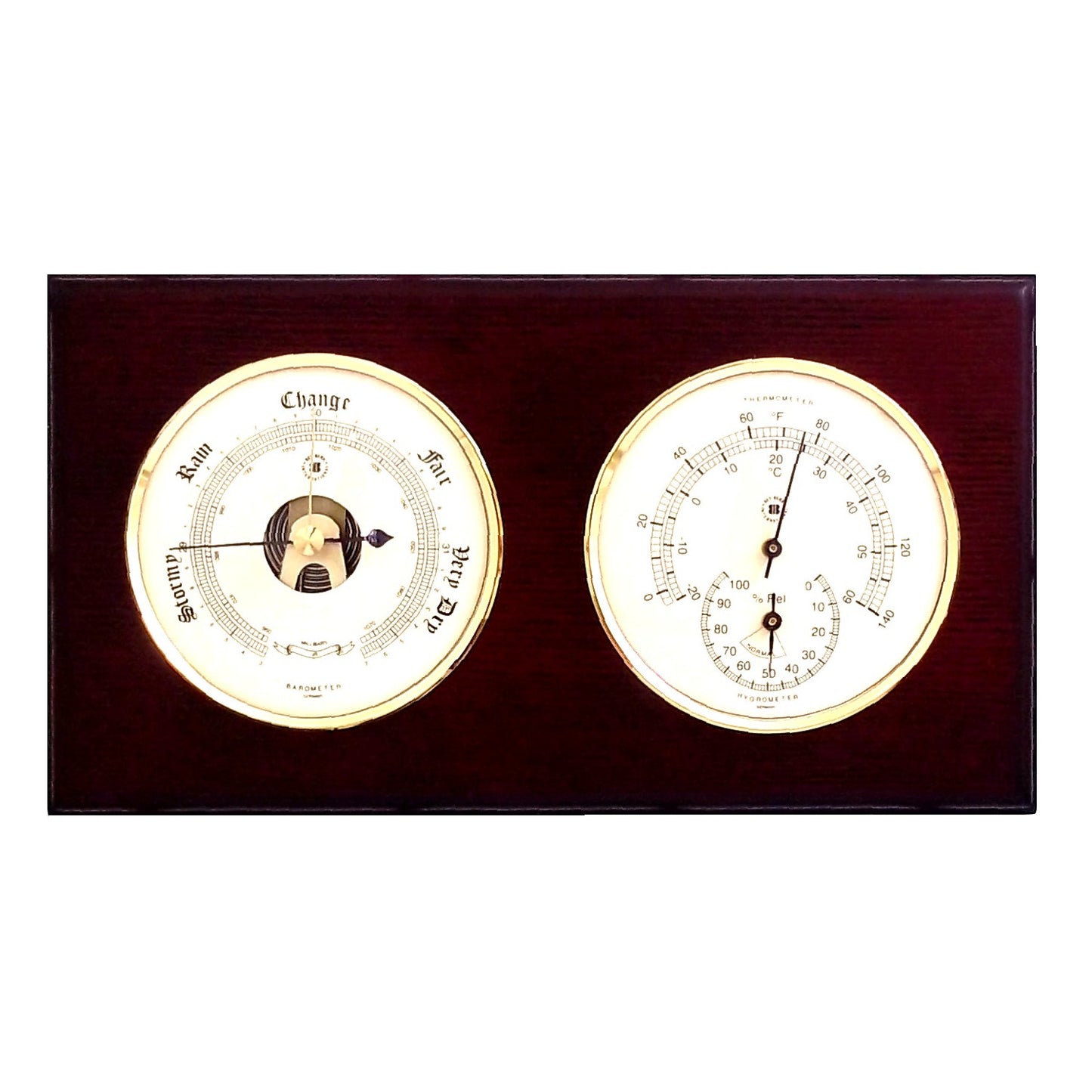 Occasion Gallery Mahogany  Color Barometer and Thermometer with Hygrometer on Mahogany Wood with Brass Bezel. Wall Mounts Vertically or Horizontally. 6 L x 2 W x 11 H in.