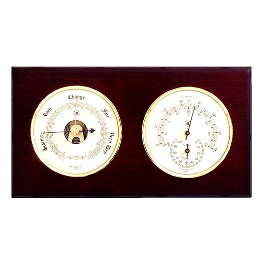 Occasion Gallery Mahogany  Color Barometer and Thermometer with Hygrometer on Mahogany Wood with Brass Bezel. Wall Mounts Vertically or Horizontally. 6 L x 2 W x 11 H in.