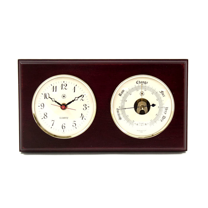 Occasion Gallery Mahogany  Color Quartz Clock and Barometer on Mahogany Wood with Brass Bezel. Wall Mounts Vertically or Horizontally. 6 L x 2 W x 11 H in.
