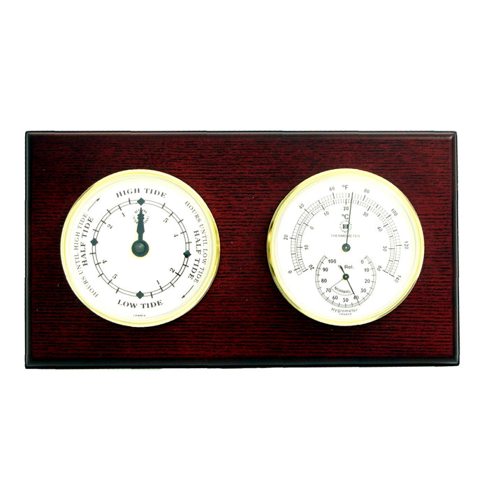 Occasion Gallery Mahogany  Color Tide Clock and Thermometer with Hygrometer on Mahogany Wood with Brass Bezel. Wall Mounts Vertically or Horizontally. 6 L x 2 W x 11 H in.