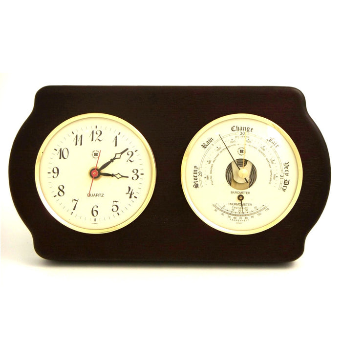 Occasion Gallery Ash Wood Color Quartz Clock and Barometer with Thermometer on Ash Wood with Brass Bezel. Wall Mounts Vertically or Horizontally. 6 L x 2 W x 11 H in.