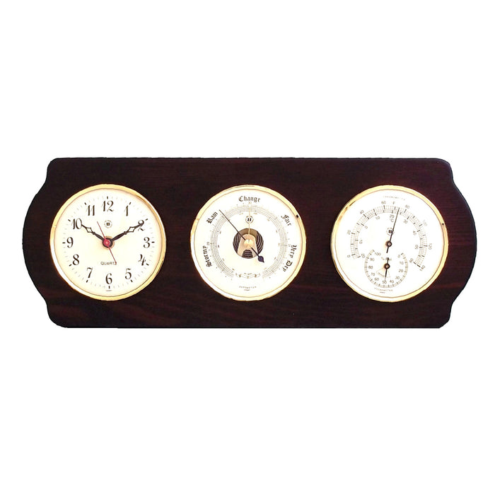 Occasion Gallery Ash Wood Color Quartz Clock, Barometer and Thermometer with Hygrometer on Ash Wood with Brass Bezel. Wall Mounts Vertically or Horizontally. 6 L x 2 W x 16 H in.