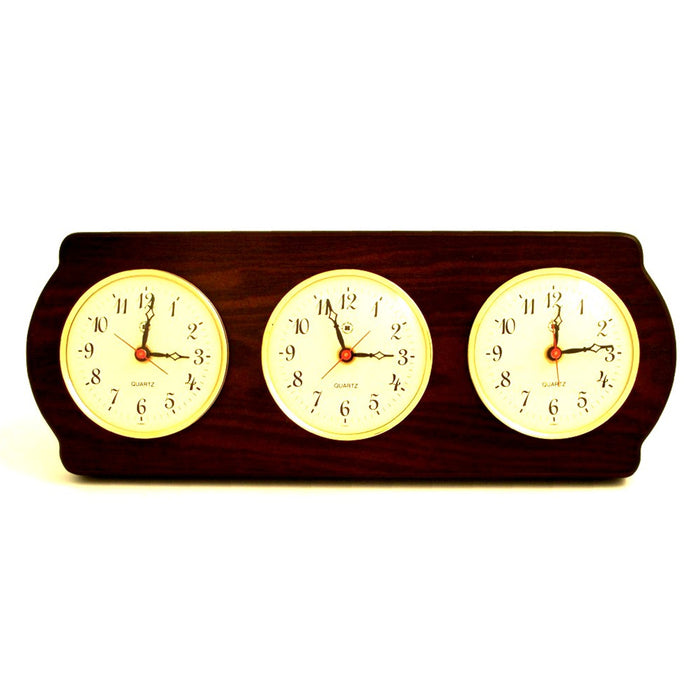 Occasion Gallery Ash Wood Color Triple Quartz Clock on Ash Wood with Brass Bezel. Wall Mounts Vertically or Horizontally. 6 L x 2 W x 16 H in.