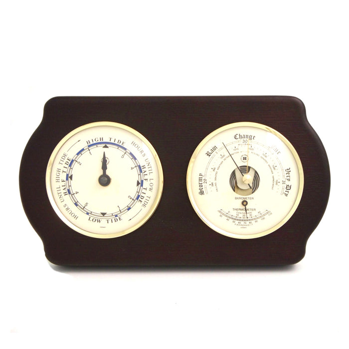 Occasion Gallery Ash Wood Color Tide Clock and Barometer with Thermometer on Ash Wood with Brass Bezel. Wall Mounts Vertically or Horizontally. 6 L x 2 W x 11 H in.