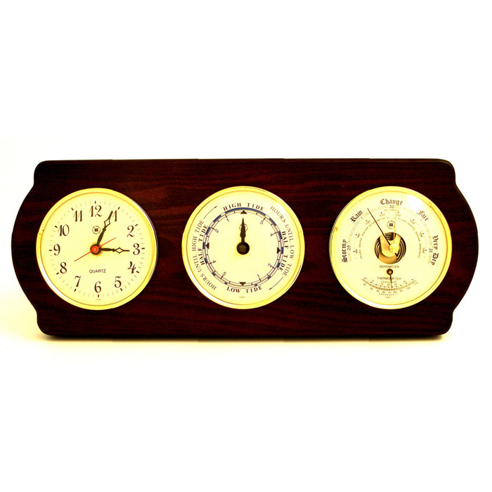 Occasion Gallery Ash Wood Color Quartz Clock, Tide Clock and Barometer with Thermometer on Ash Wood with Brass Bezel. Wall Mounts Vertically or Horizontally. 6 L x 2 W x 16 H in.