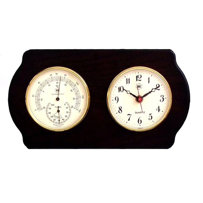 Occasion Gallery Ash Wood Color Quartz Clock and Thermometer with Hygrometer on Ash Wood with Brass Bezel. Wall Mounts Vertically or Horizontally. 6 L x 2 W x 11 H in.