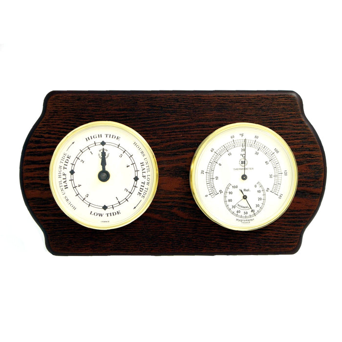 Occasion Gallery Ash Wood Color Tide Clock and Thermometer with Hygrometer on Ash Wood with Brass Bezel. Wall Mounts Vertically or Horizontally. 6 L x 2 W x 11 H in.