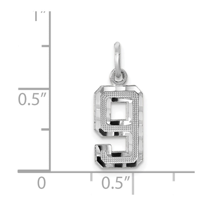 Million Charms 14K White Gold Themed Casted Small Diamond Cut Number 9 Charm