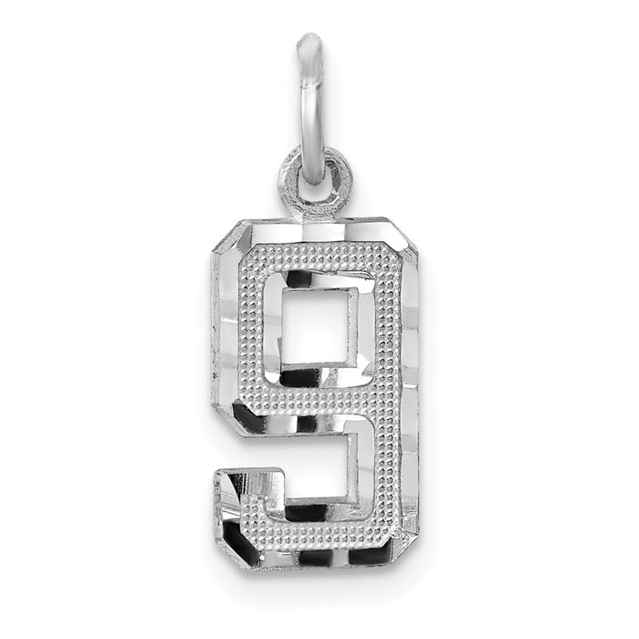 Million Charms 14K White Gold Themed Casted Small Diamond Cut Number 9 Charm