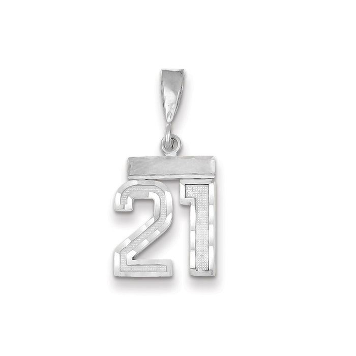 Million Charms 14K White Gold  Small Brushed Diamond-cut Number 21 Necklace Charm Pendant, Graduation, Birthday, Anniversary