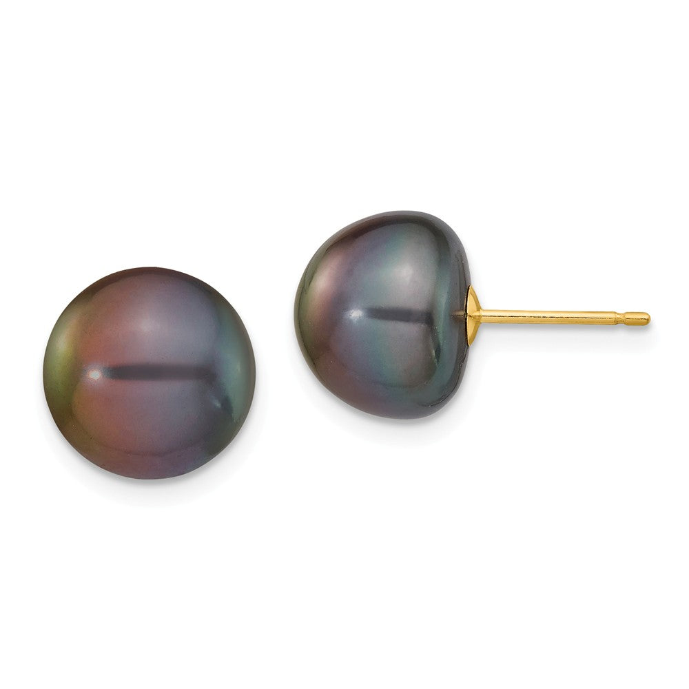 Million Charms 14k Yellow Gold 10-11mm Black Button Freshwater Cultured Pearl Stud Post Earrings, 10 to 11mm x 10 to 11mm