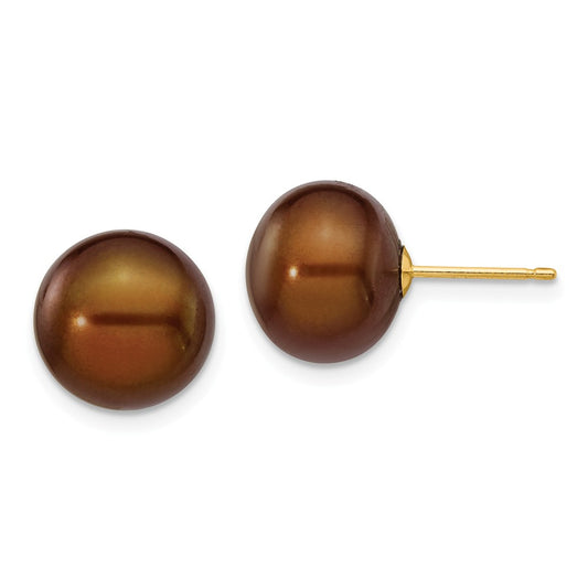 Million Charms 14k Yellow Gold 10-11mm Coffee Button Freshwater Cultured Pearl Stud Post Earrings, 10 to 11mm x 10 to 11mm